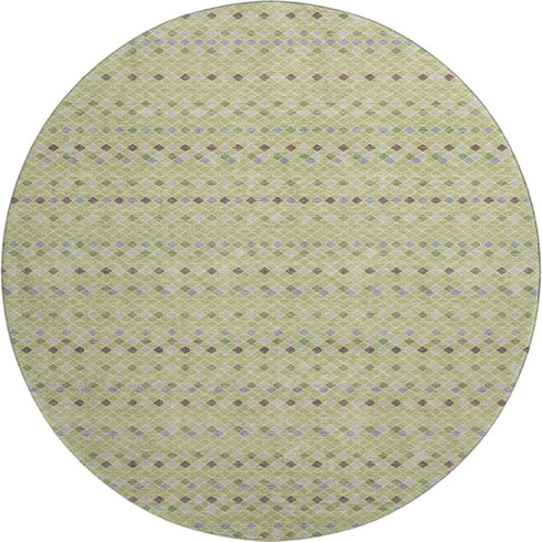 8' X 8' Artichoke Green Gray And Silver Striped Washable Round Rug With UV Protection
