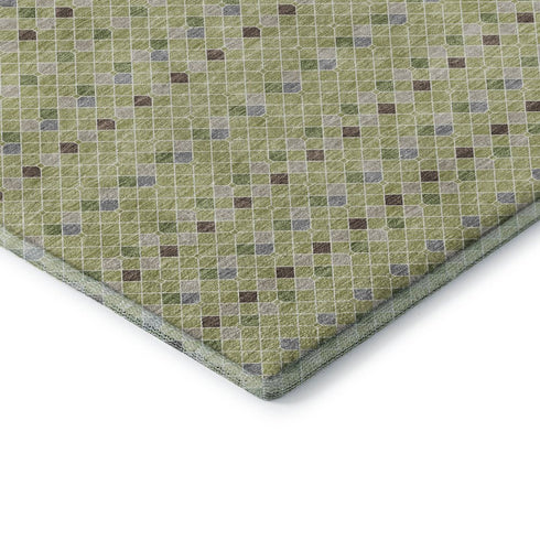 8' X 8' Artichoke Green Gray And Silver Striped Washable Round Rug With UV Protection