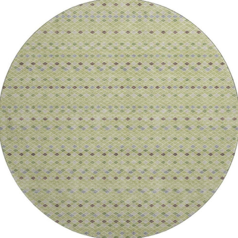 8' X 8' Artichoke Green Gray And Silver Striped Washable Round Rug With UV Protection