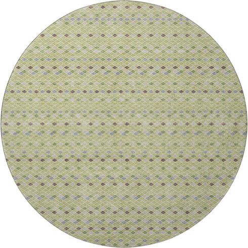 8' X 8' Artichoke Green Gray And Silver Striped Washable Round Rug With UV Protection