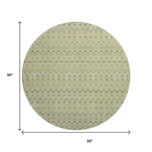 8' X 8' Artichoke Green Gray And Silver Striped Washable Round Rug With UV Protection