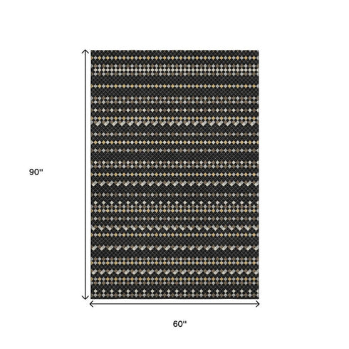 5' X 8' Black Gold And Silver Striped Washable Area Rug With UV Protection
