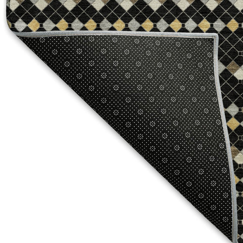 5' X 8' Black Gold And Silver Striped Washable Area Rug With UV Protection