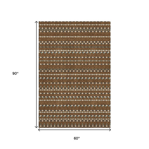 5' X 8' Brown Gray And Ivory Striped Washable Area Rug With UV Protection