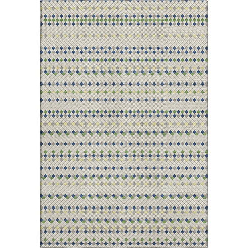 5' X 8' Linen Green And Blue Striped Washable Area Rug With UV Protection