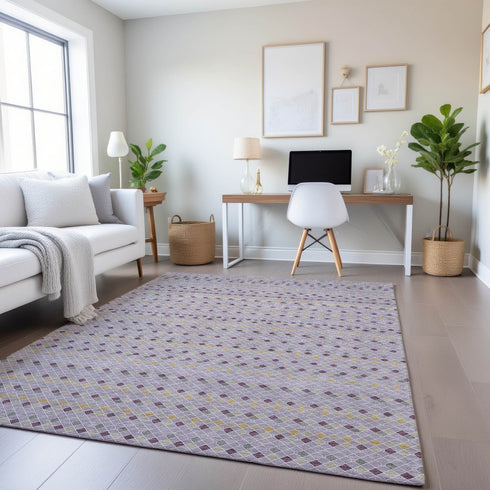 8' Lavender Gold And Gray Striped Washable Area Rug With UV Protection