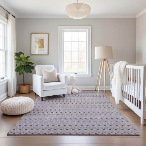 8' Lavender Gold And Gray Striped Washable Area Rug With UV Protection