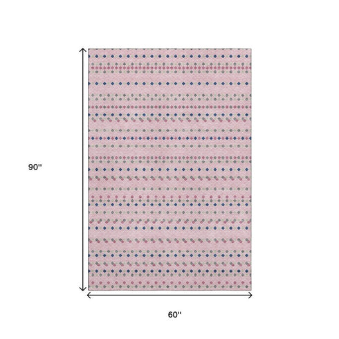 5' X 8' Pink Navy Blue And Gray Striped Washable Area Rug With UV Protection