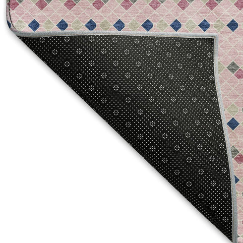 5' X 8' Pink Navy Blue And Gray Striped Washable Area Rug With UV Protection