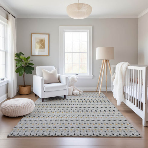 8' Silver Gray And Gold Striped Washable Area Rug With UV Protection