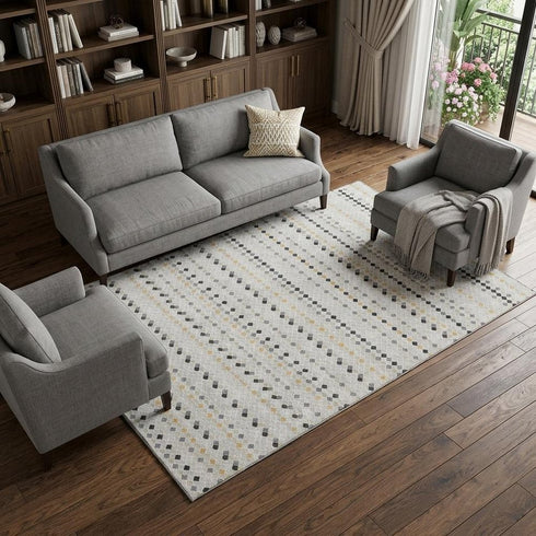 8' Silver Gray And Gold Striped Washable Area Rug With UV Protection