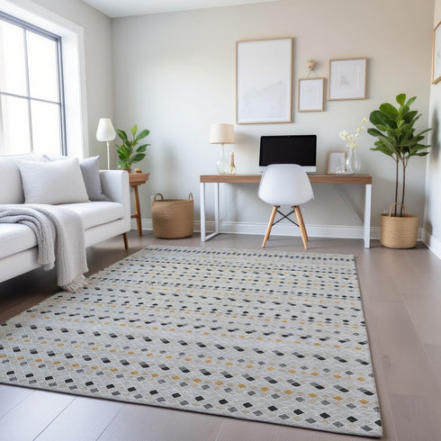 9' X 12' Silver Gray And Gold Striped Washable Area Rug With UV Protection