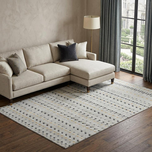 9' X 12' Silver Gray And Gold Striped Washable Area Rug With UV Protection