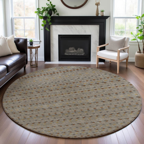 8' X 8' Taupe Copper And Gold Striped Washable Round Rug With UV Protection