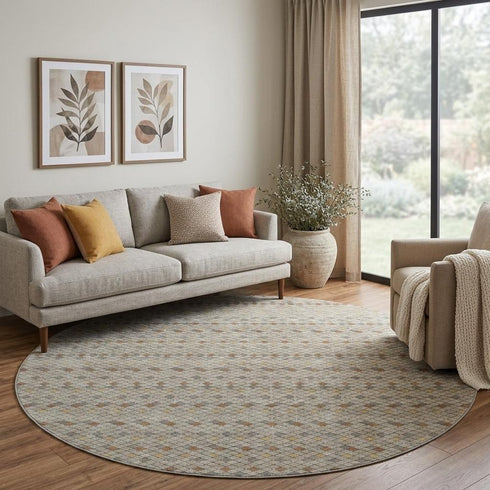 8' X 8' Taupe Copper And Gold Striped Washable Round Rug With UV Protection