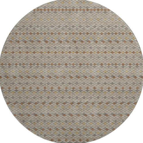 8' X 8' Taupe Copper And Gold Striped Washable Round Rug With UV Protection