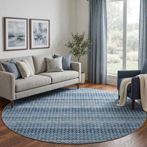 8' X 8' Denim Blue Gray And Sky Blue Striped Washable Round Rug With UV Protection