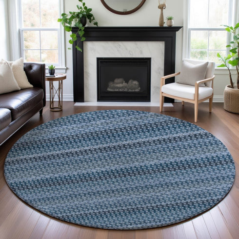 8' X 8' Denim Blue Gray And Sky Blue Striped Washable Round Rug With UV Protection