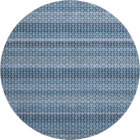 8' X 8' Denim Blue Gray And Sky Blue Striped Washable Round Rug With UV Protection
