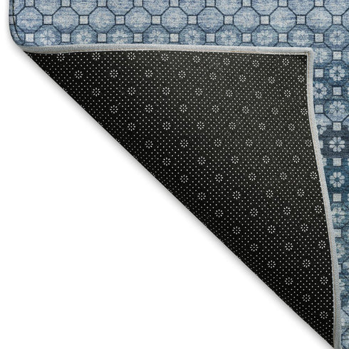 8' X 8' Denim Blue Gray And Sky Blue Striped Washable Round Rug With UV Protection