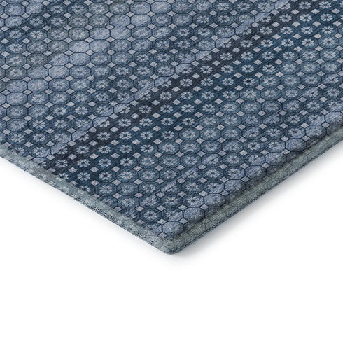 8' X 8' Denim Blue Gray And Sky Blue Striped Washable Round Rug With UV Protection