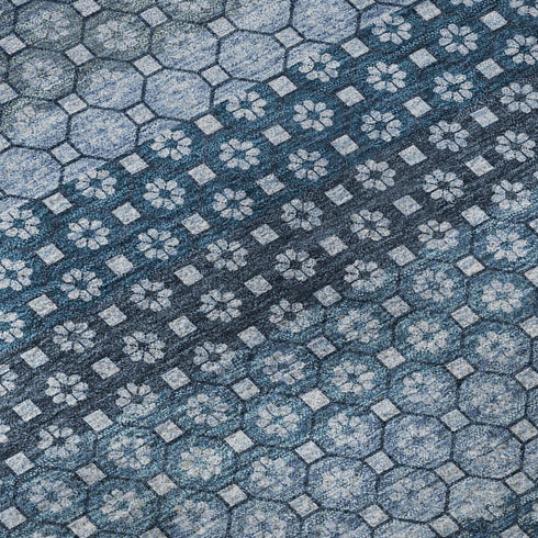 8' X 8' Denim Blue Gray And Sky Blue Striped Washable Round Rug With UV Protection