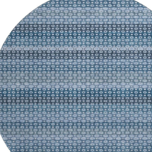 8' X 8' Denim Blue Gray And Sky Blue Striped Washable Round Rug With UV Protection