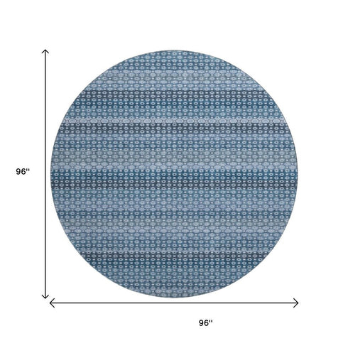 8' X 8' Denim Blue Gray And Sky Blue Striped Washable Round Rug With UV Protection