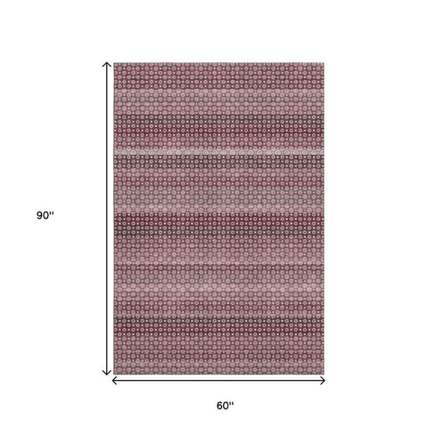 5' X 8' Burgundy Merlot And Pink Striped Washable Area Rug With UV Protection