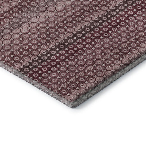 5' X 8' Burgundy Merlot And Pink Striped Washable Area Rug With UV Protection