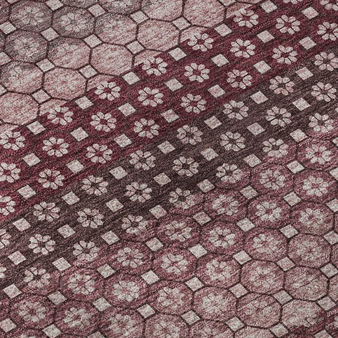 5' X 8' Burgundy Merlot And Pink Striped Washable Area Rug With UV Protection