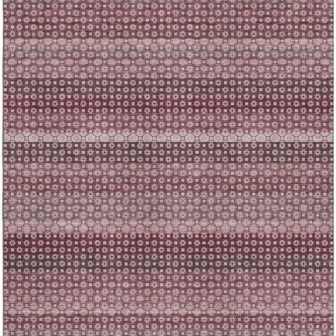 5' X 8' Burgundy Merlot And Pink Striped Washable Area Rug With UV Protection