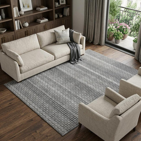 8' Gray Silver And Charcoal Striped Washable Area Rug With UV Protection