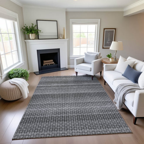 8' Gray Silver And Charcoal Striped Washable Area Rug With UV Protection