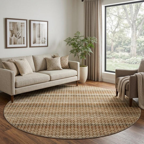 8' X 8' Rust Beige And Taupe Striped Washable Round Rug With UV Protection