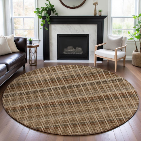 8' X 8' Rust Beige And Taupe Striped Washable Round Rug With UV Protection