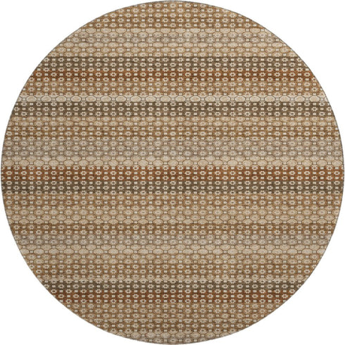 8' X 8' Rust Beige And Taupe Striped Washable Round Rug With UV Protection