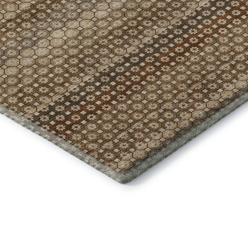 8' X 8' Rust Beige And Taupe Striped Washable Round Rug With UV Protection