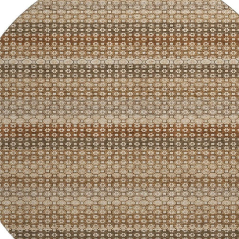 8' X 8' Rust Beige And Taupe Striped Washable Round Rug With UV Protection