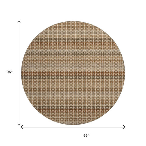 8' X 8' Rust Beige And Taupe Striped Washable Round Rug With UV Protection