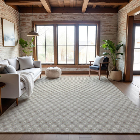 9' X 12' Beige And Ivory Geometric Washable Area Rug With UV Protection