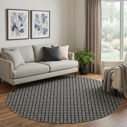 8' X 8' Black Gray And Silver Geometric Washable Round Rug With UV Protection
