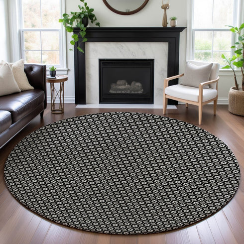 8' X 8' Black Gray And Silver Geometric Washable Round Rug With UV Protection