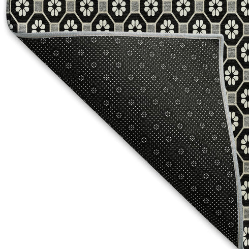 8' X 8' Black Gray And Silver Geometric Washable Round Rug With UV Protection