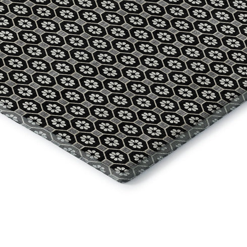 8' X 8' Black Gray And Silver Geometric Washable Round Rug With UV Protection