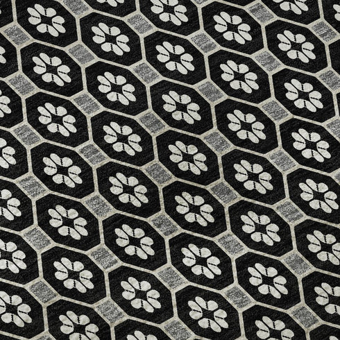 8' X 8' Black Gray And Silver Geometric Washable Round Rug With UV Protection