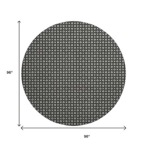 8' X 8' Black Gray And Silver Geometric Washable Round Rug With UV Protection