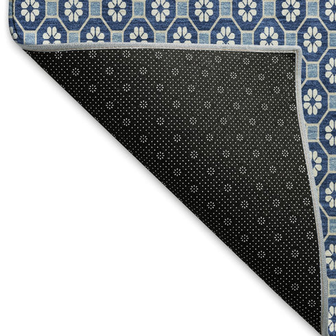 5' X 8' Blue And Ivory Geometric Washable Area Rug With UV Protection