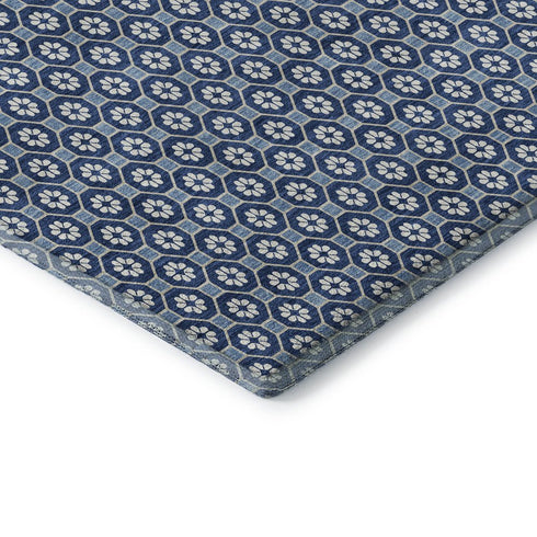 5' X 8' Blue And Ivory Geometric Washable Area Rug With UV Protection