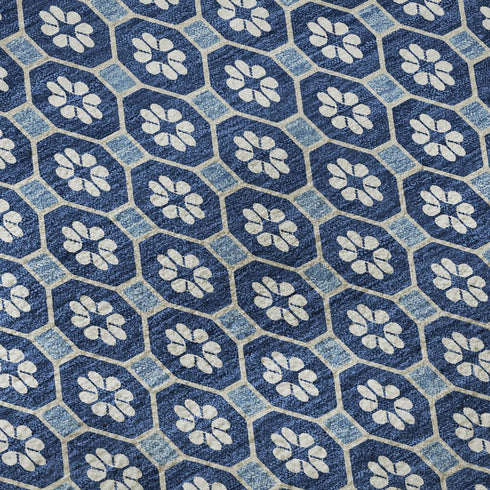 5' X 8' Blue And Ivory Geometric Washable Area Rug With UV Protection